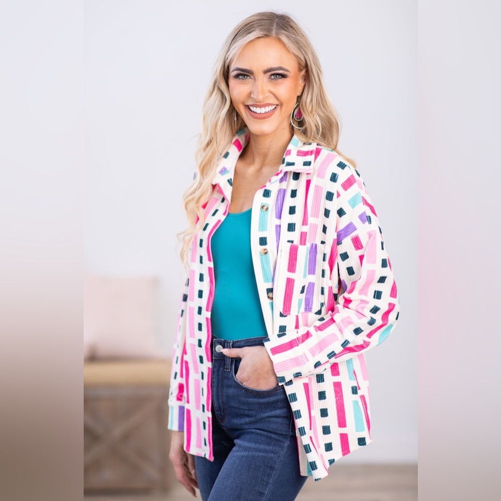 NWT Emily Wonder Pink Multicolor Geometric Print Jacket size large - Picture 2 of 8